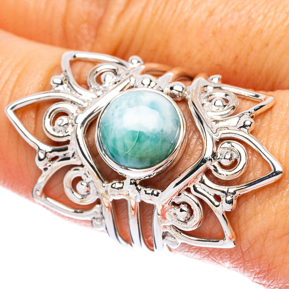 Silver 925 ring with round blue-green larimar cabochon and ornate filigree setting