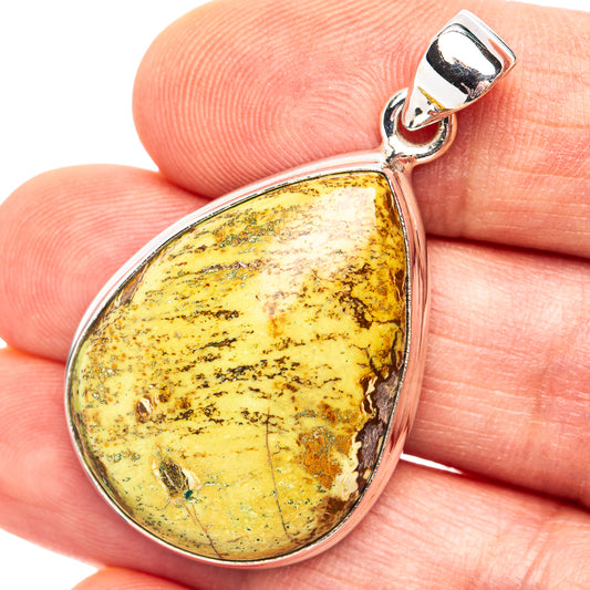 Teardrop gaspeite pendant in .925 sterling silver with yellow-green mottled stone
