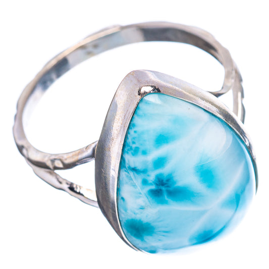 Oval blue larimar cabochon set in wide .925 sterling silver ring, side view