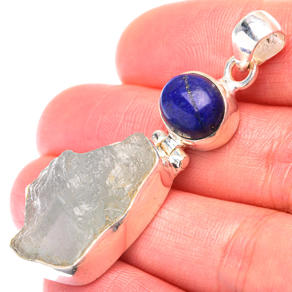 Raw Aquamarine, Lapis Lazuli Pendant 2" (925 Sterling Silver) PD38565