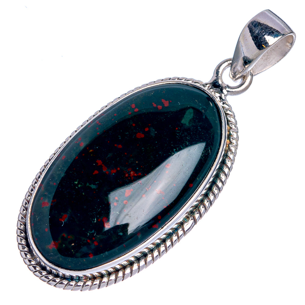 Oval dark green bloodstone pendant, 925 sterling silver rope bezel and open-top bail