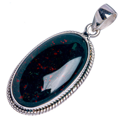 Oval dark green bloodstone pendant, 925 sterling silver rope bezel and open-top bail
