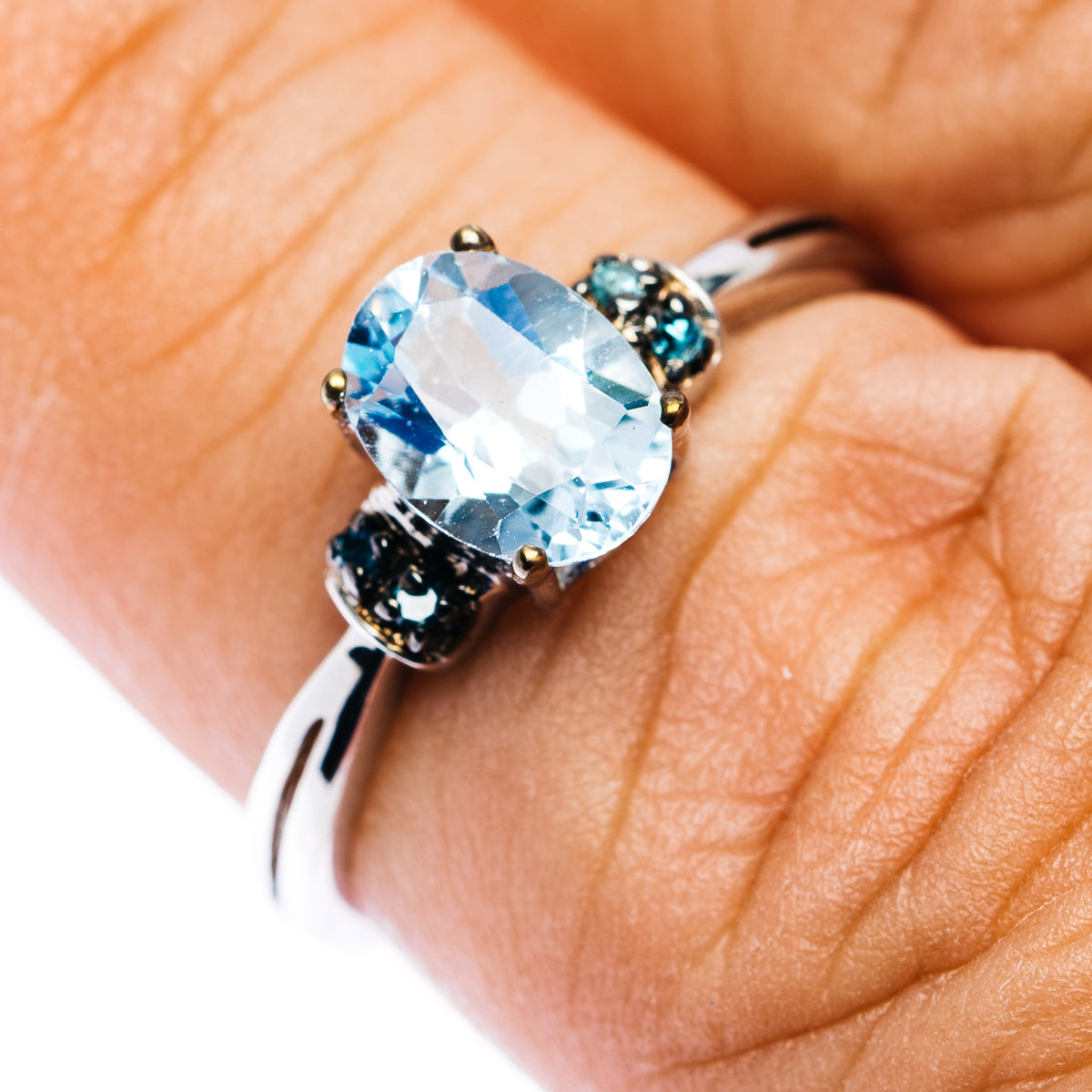 Blue Topaz, Blue Diamond Ring Size 7 (.925 Sterling Silver)