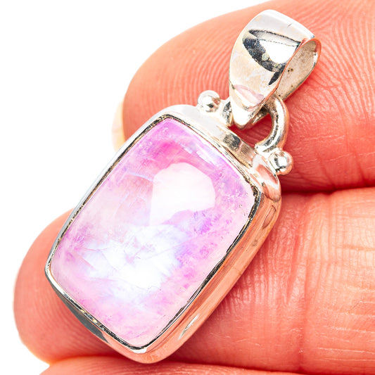Pink moonstone pendant, rectangular .925 sterling silver bezel with open bail