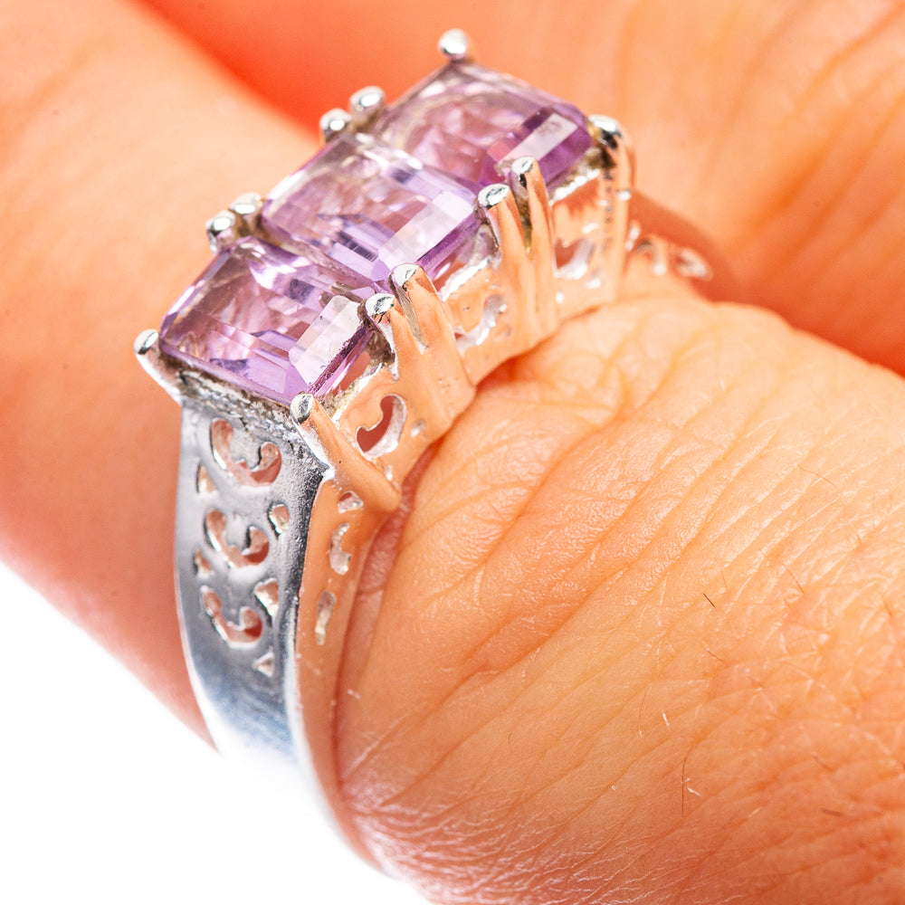 Sterling silver ring with multiple pink amethyst square stones, side close-up
