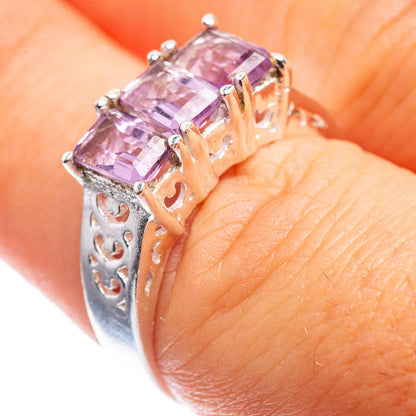 Sterling silver ring with multiple pink amethyst square stones, side close-up