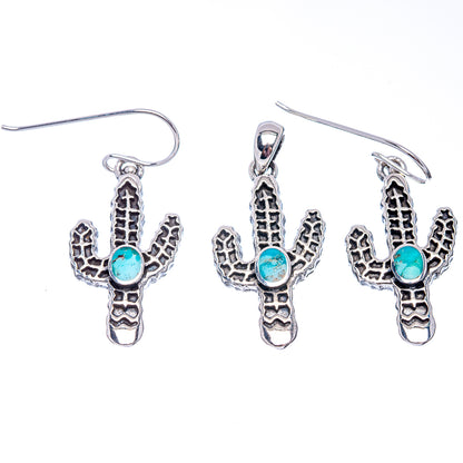 Native Style Mohave Turquoise Cactus Pendant & Earrings Set 1 1/4" (.925 Sterling Silver)