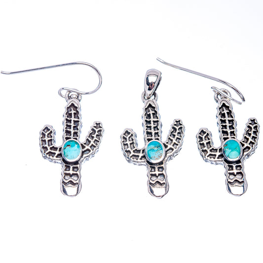 Turquoise cactus earrings, .925 sterling silver, long dangle hooks with turquoise center