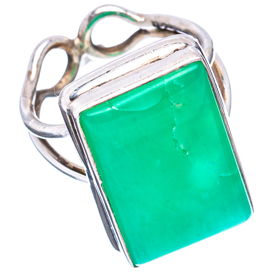 Rectangular green chrysoprase gemstone .925 silver ring with open bezel and side loops