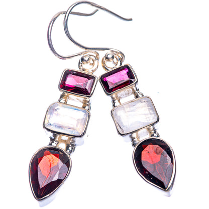 Garnet, Rainbow Moonstone Earrings 1 5/8" (925 Sterling Silver) E432520
