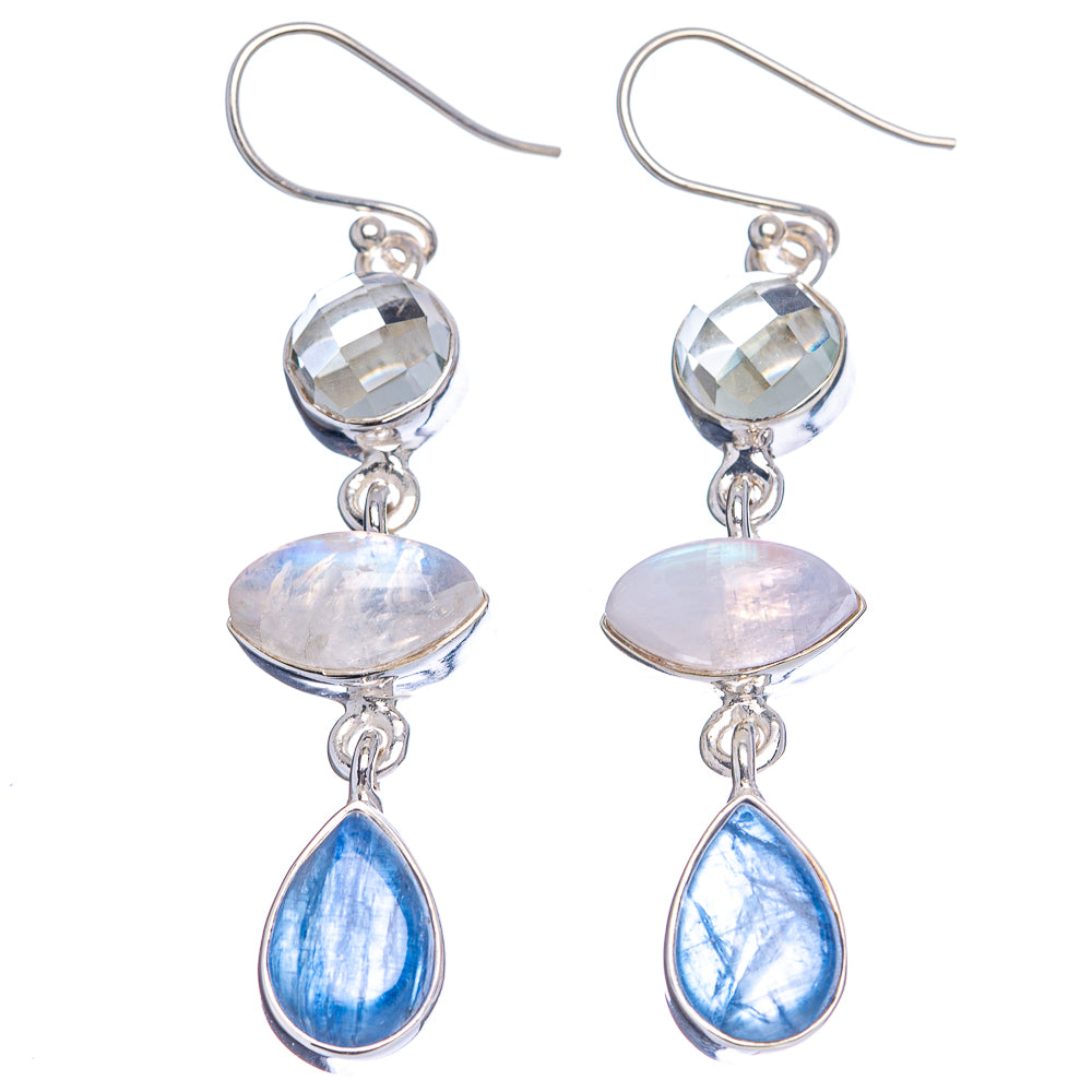 Premium Kyanite, Rainbow Moonstone, Green Amethyst Earrings 2 1/4" (.925 Sterling Silver)
