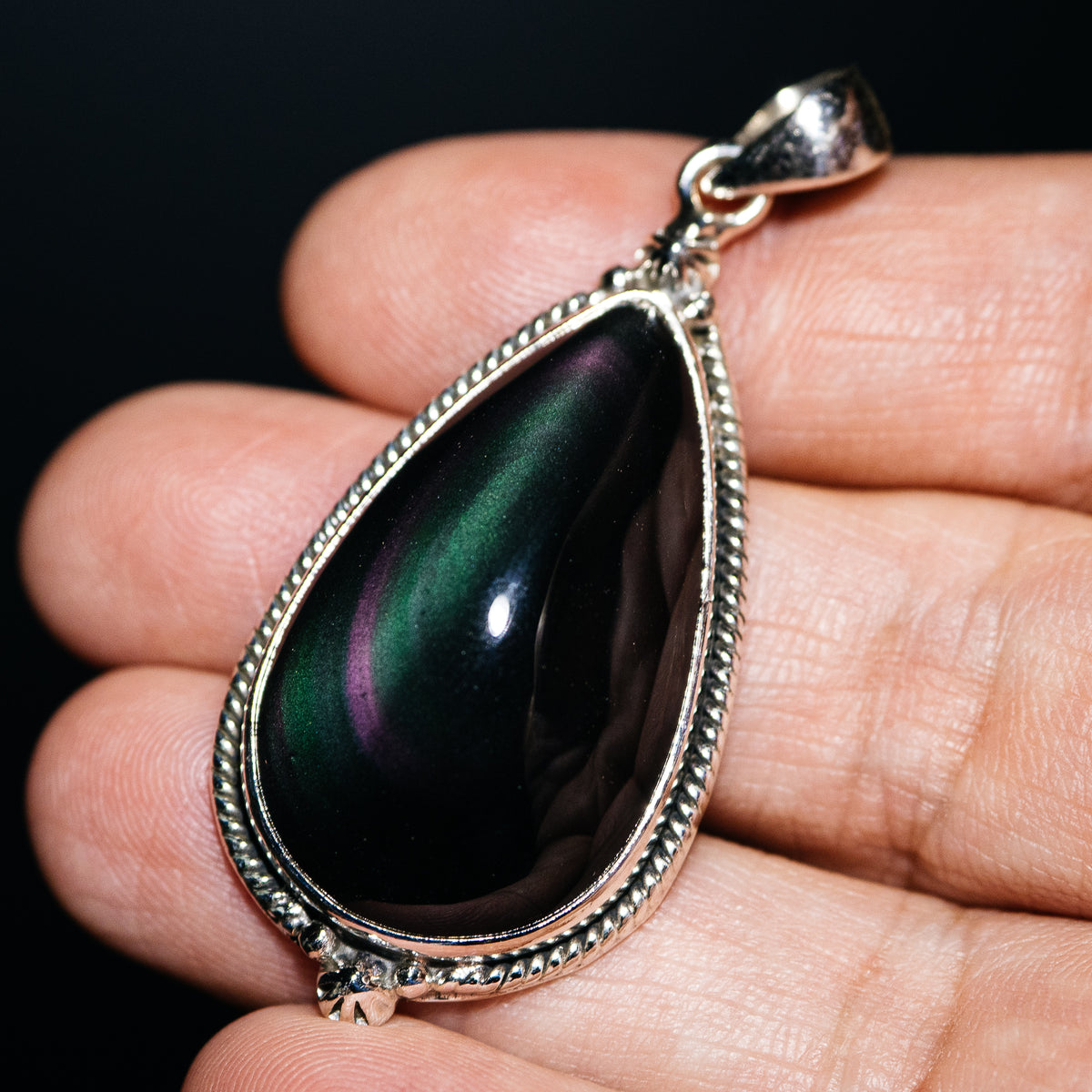 Rainbow Obsidian Pendant 2 1/8" (.925 Sterling Silver)
