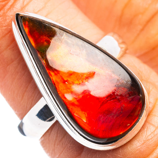 Teardrop ammolite ring in .925 sterling silver, size 6; red-orange iridescent stone