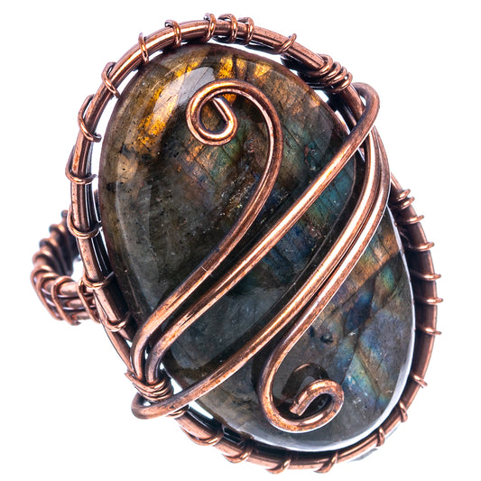 Labradorite wire-wrap ring with oval labradorite cabochon, oxidized copper wire frame