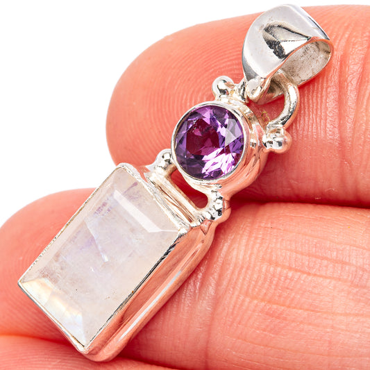 Sterling silver pendant with round amethyst and rectangular opalescent moonstone