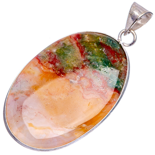 Silver-plated oval pendant with mottled green, red, and peach cabochon, silver bail