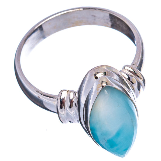 Sterling silver ring with oval blue Larimar cabochon, side view of open band