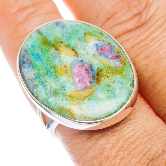 Sterling silver ring with oval green-blue stone, purple speckles, size 9.5