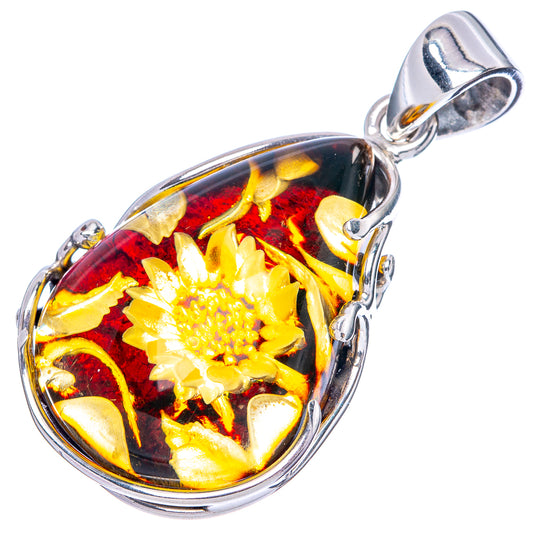 Amber Intaglio Sunflower Pendant 1 1/2" (925 Sterling Silver) P42554