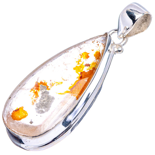 Teardrop quartz pendant in .925 sterling silver with white base, amber spots, and gray inclusions