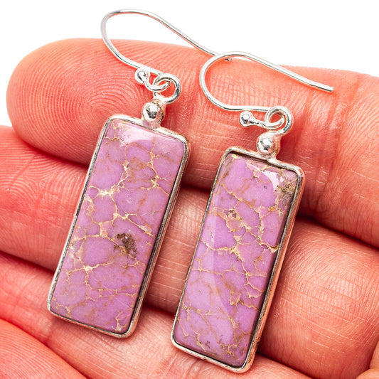 Sterling silver phosphosiderite drop earrings on hand, purple rectangular stones with gold veining