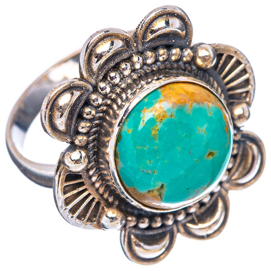 Turquoise gemstone silver-tone ring with ornate oval bezel, size 7