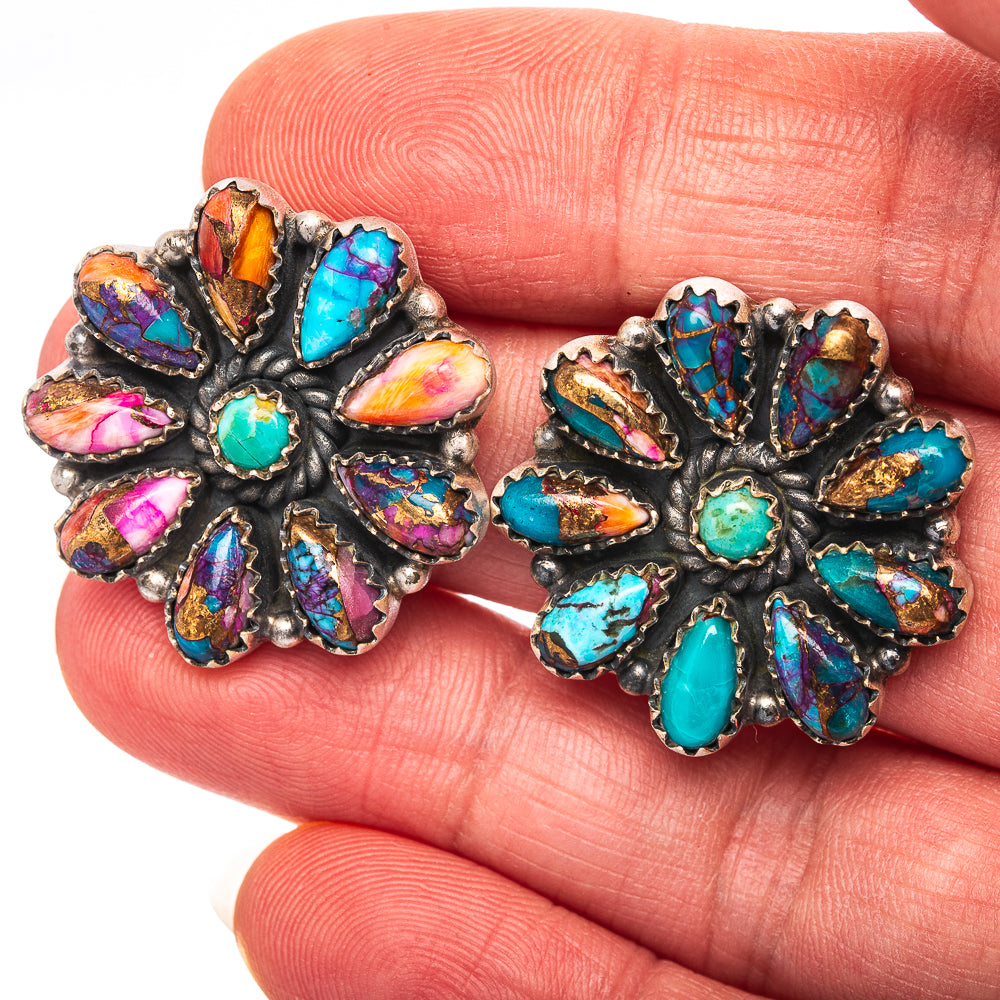 Exclusive Southwestern Style Pink Dahlia Turquoise Earrings 1" (.925 Sterling Silver)