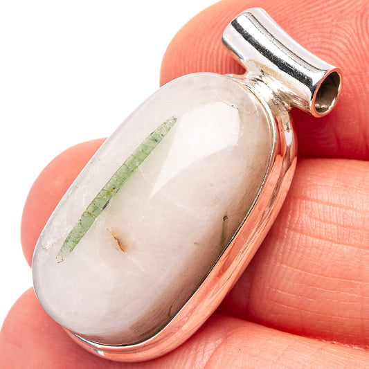 Oval quartz and green tourmaline pendant in .925 sterling silver bezel with bail