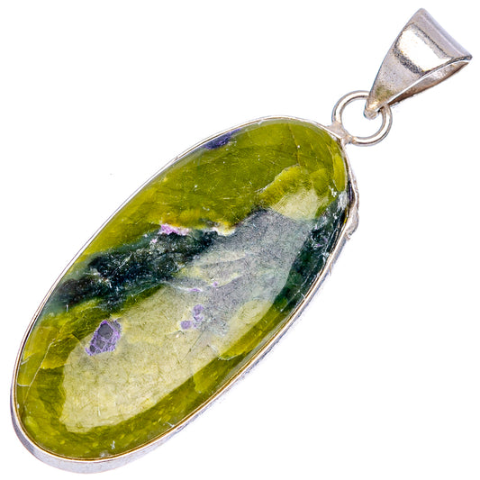 Oval stichtite pendant with silver-plated bail, green stone with purple veining