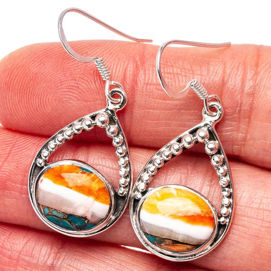 Sterling silver teardrop dangle earrings with spiny oyster mosaic in orange, white, and turquoise