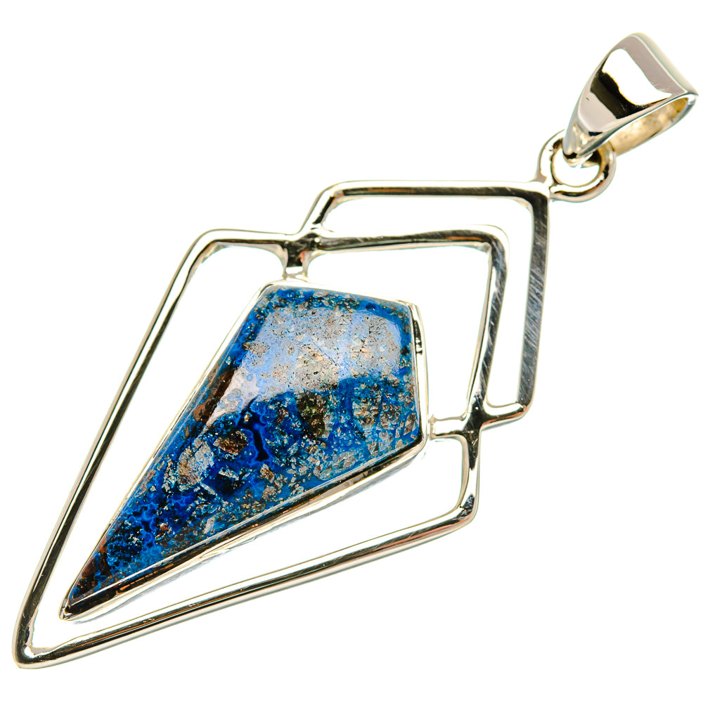 Sterling silver triangular shattuckite pendant with top bail and blue gemstone bezel