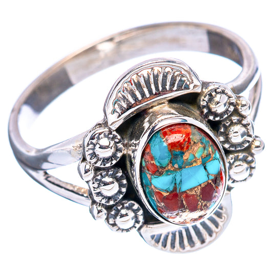 Sterling silver native ring with oval turquoise and red coral matrix, detailed side settings