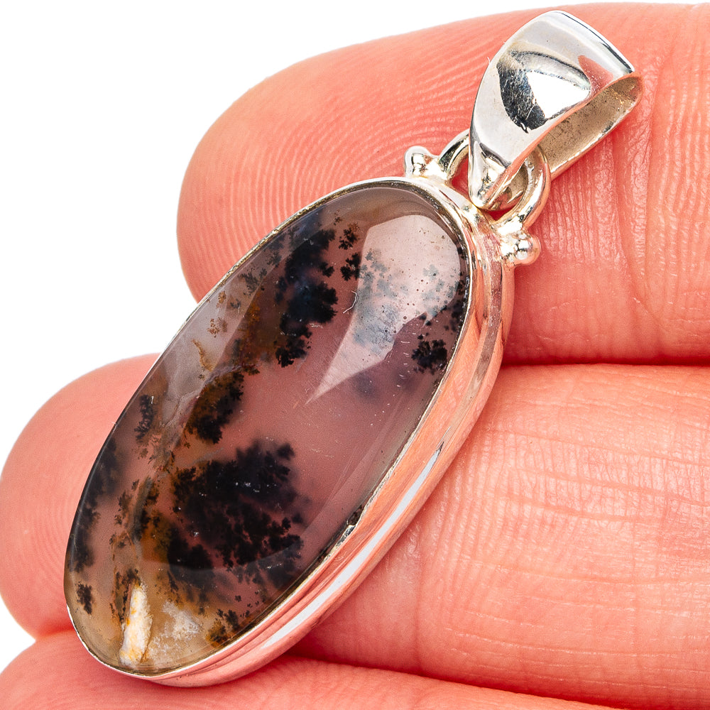 Dendritic agate pendant in oval sterling silver bezel, pink and black tree patterns