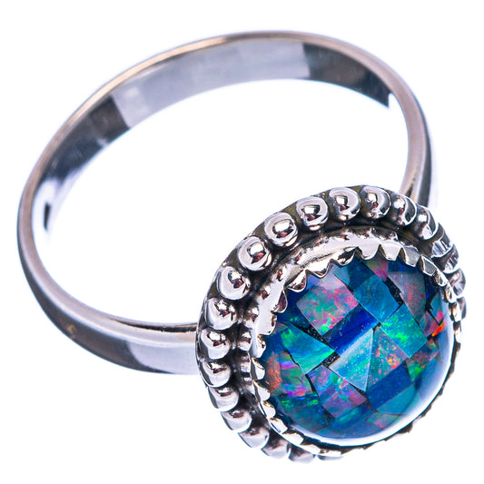 Opal triplet oval ring with sterling silver beaded edge, blue-green checkered center