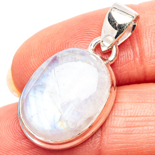 Sterling silver oval moonstone pendant with bright white and blue iridescence