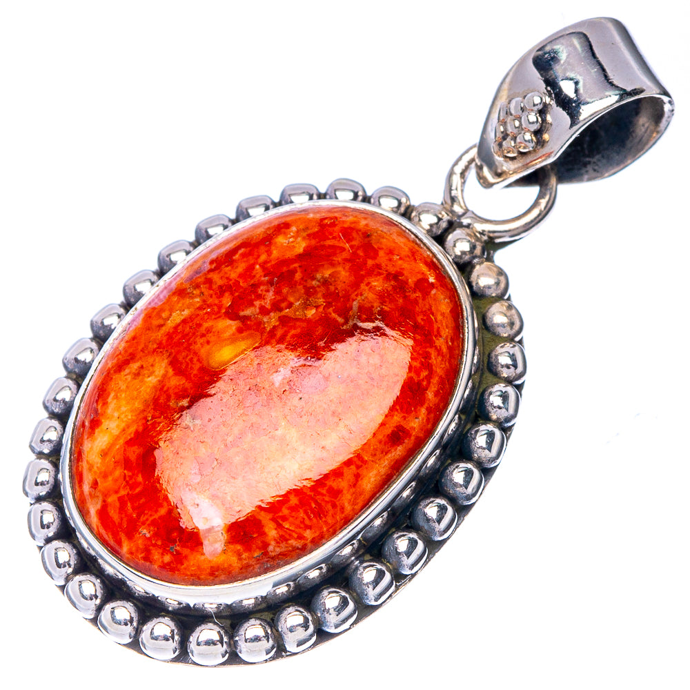 Sponge coral oval pendant with orange stone, sterling silver beaded bezel and bail