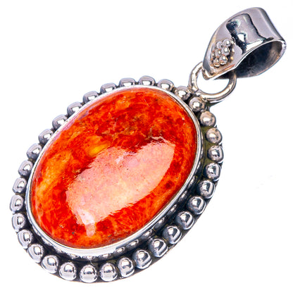 Sponge coral oval pendant with orange stone, sterling silver beaded bezel and bail