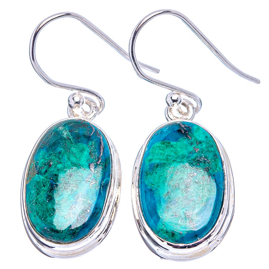 Pair of chrysocolla oval drop earrings with sterling silver hooks and green-blue stones