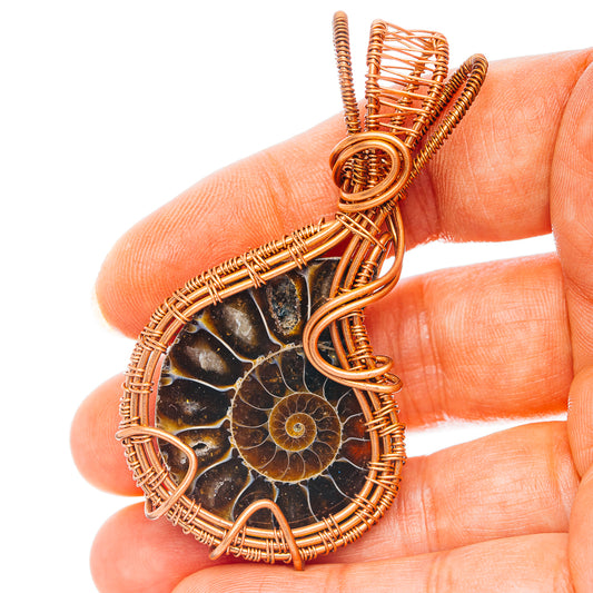 Ammonite Fossil Wire Wrap Pendant 2 1/2" (Copper)
