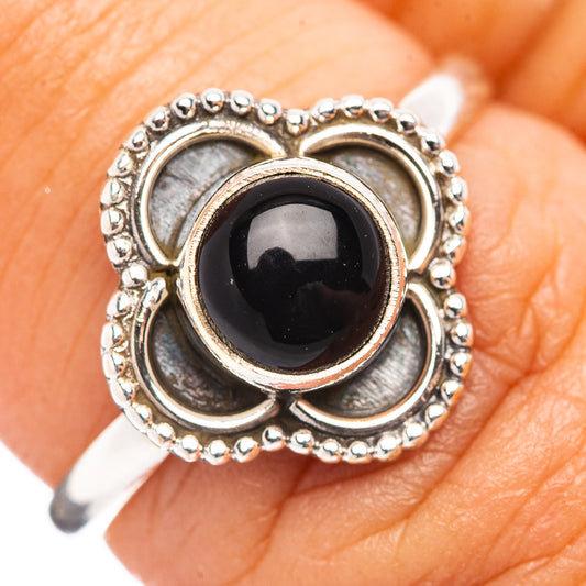 Dainty black onyx ring in .925 sterling silver, double oval bezel with bead border