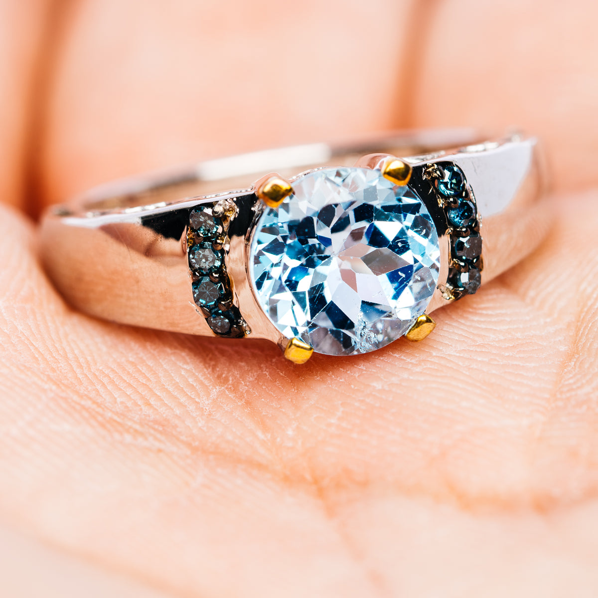 Blue Topaz, Blue Diamond Ring Size 8 (.925 Sterling Silver)