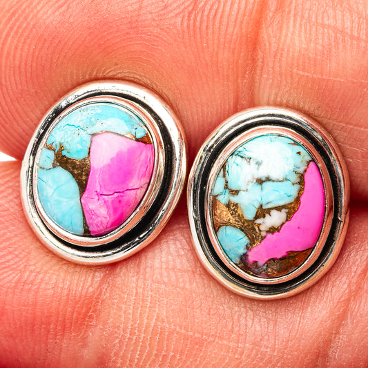 Oval turquoise and pink gemstone stud earrings in .925 sterling silver bezel