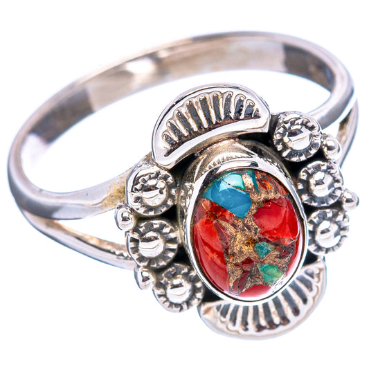 Sterling silver ring with oval red, green, and blue mosaic gemstone and scalloped bezel