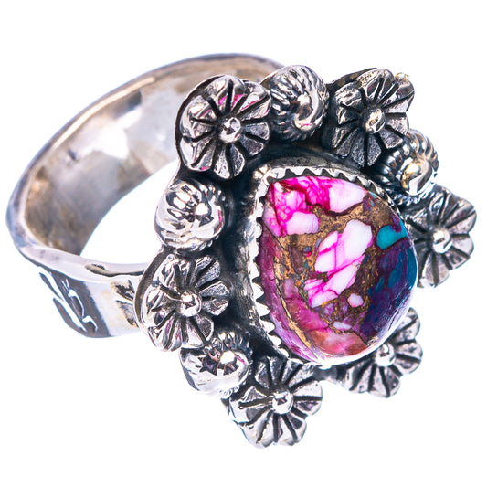 Sterling silver ring with side floral motifs and teardrop multicolor gemstone