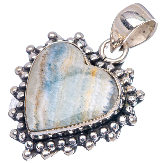 Heart scheelite pendant with blue mottled stone, sterling silver bail and beaded border
