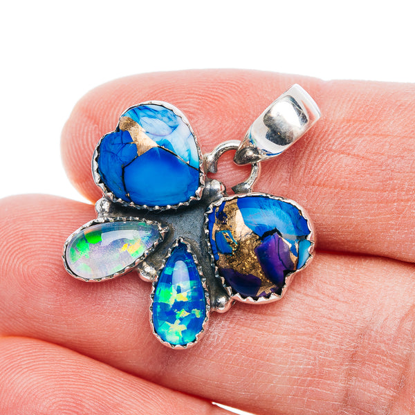 Premium Violet Blue Dahlia Mohave Turquoise, Opal Butterfly Pendant 1 1/8" (.925 Sterling Silver)