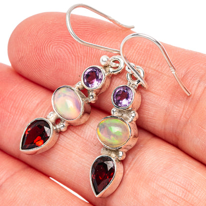 Rare Ethiopian Opal, Garnet, Amethyst Earrings 1 3/8" (925 Sterling Silver) E1398