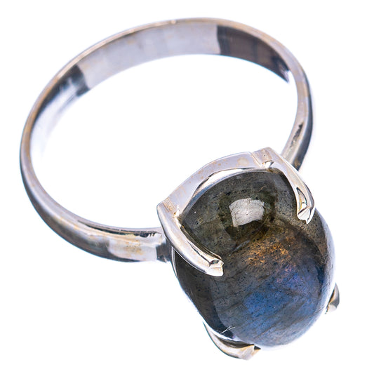Oval labradorite ring with .925 sterling silver band and open prong bezel, dark blue