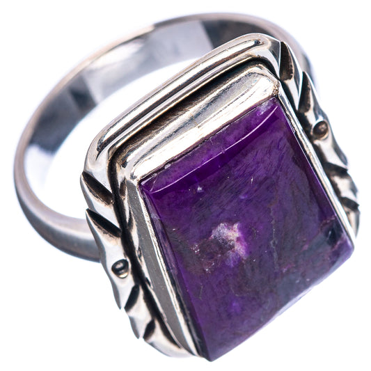 Sterling silver ring with purple Sugilite square gemstone and carved side detailing