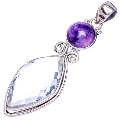 Sterling silver pendant with purple charoite cabochon and clear faceted quartz oval